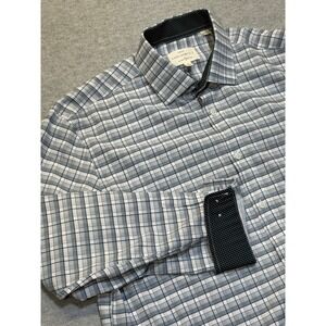 Con.Struct Slim Fit 4-Way Stretch Flip Cuff Plaid Button Up Gray Navy Mens Large